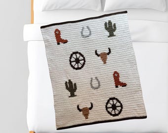 Western Cowboy Baby Blanket Crochet Pattern, Cowboy Hat, Horseshoe, Catus, Wagon Wheel, Longhorn, Boy Nursery Decor, Shower Gift Idea