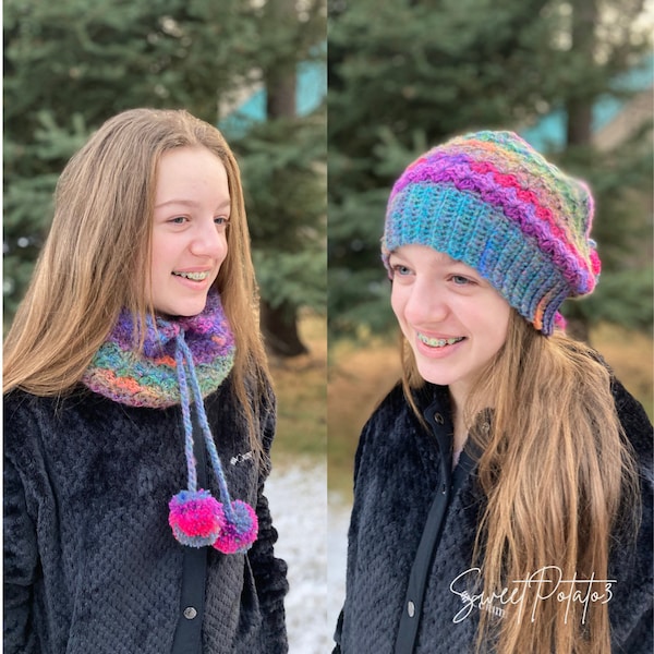 Molde de crochê para transformar um cachecol em gorro: Gorro com pompom (molde em PDF), crochê conversível, fechamento com pompom, acessório quentinho e aconchegante.