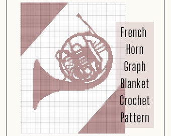 French Horn Crochet Blanket Pattern, throw blanket, graph crochet, gift for music lover, musician gift, modern blanket, band, orchestra