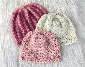 Connie's Comfort Beanie - Crochet Pattern, hat, textured crochet stitch, lilly of the valley, classic hat, gift teens, tweens, family, women