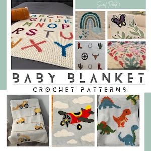 Peut inclure: Une collection de patrons de couvertures pour bébés au crochet. Les motifs incluent une couverture alphabet, un arc-en-ciel, un papillon, un cœur floral, des véhicules de chantier, un biplan et des dinosaures. Le texte "BABY BLANKET CROCHET PATTERNS" est également visible.