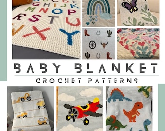 Baby Decke häkeln Muster Bundle, 8 Designs inklusive, Baby Girl, Baby Boy, Rainbow, ABC, Trucks, Flugzeug, Cowboy, Herzen, Blumen, Dino