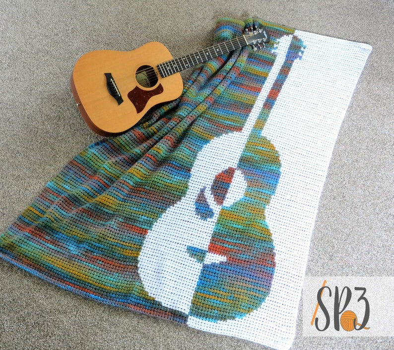 Grandioso Guitar Blanket Crochet Pattern, Music Lover Gift, String Instrument Blanket, Music to my soul crochet, modern blanket image 1