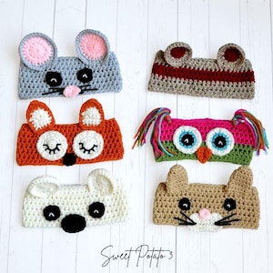 Schema PDF per scaldaorecchie a forma di animale all'uncinetto - Intermedio - Gufo, Volpe, Topo, Scimmia, Orso, Gatto, Gattino, Animali del Bosco, Amici della Foresta