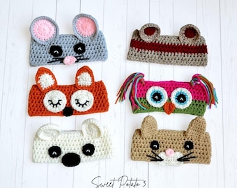 Crochet Animal Ear Warmers Pattern PDF - Intermediate - Owl, Fox, Mouse, Sock Monkey, Bear, Cat, Kitten, Woodland Animals, Forest Friends