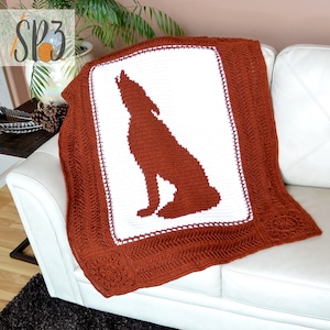 Howling Wolf Blanket Crochet Pattern, wolf decor, cabin afghan, throw blanket, wolves home decor, decorative blanket, Fox Blanket, image 1