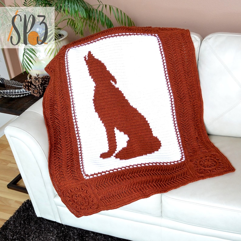 Howling Wolf Blanket Crochet Pattern, wolf decor, cabin afghan, throw blanket, wolves home decor, decorative blanket, Fox Blanket, image 1
