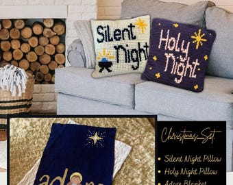 Stille Nacht & Heilige Nacht Kissen häkeln plus das Adore Deckenmuster, Christliches Weihnachtsdeko-Bündel, Feiertagsset für zu Hause