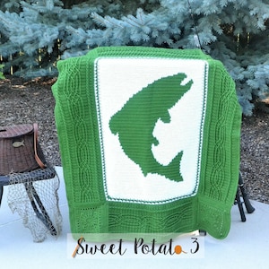 Fish On Blanket Crochet Pattern: Fisherman Afghan, Cabin Decor (PDF Pattern) Fishing Afghan, Cable border