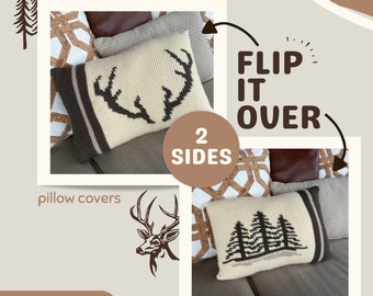 Crochet Pillow Covers Deer Antlers, Pine Tree, Hunting theme, crochet pattern, Man Cave decor, Nursery, Outdoor Lover Gift, Crochet pillows