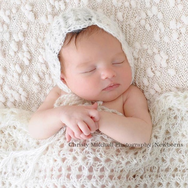 PATTERN Scallop & Cables Newborn Bonnet and Wrap Set - Crochet, newborn photo prop, photography newborn, bonnet, hat, blanket, mohair