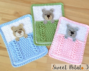 Sleep Tight Teddy Bear Lovey Crochet Pattern (PDF), small blanket for toddlers, popular top seller crochet pattern, sleepy animal, nursery