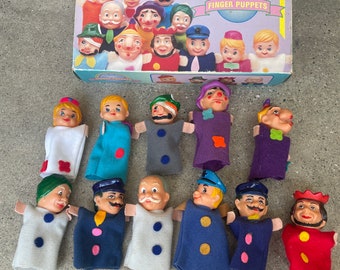 Vintage finger puppets, set of 12, childrens play, rubber face, city jobs, imaginative play