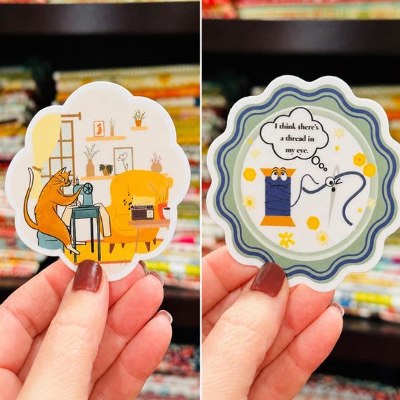 Sewing Sticker Set | Whiskers & Stitches Cozy Cat + Thread in My Eye Vinyl Stickers