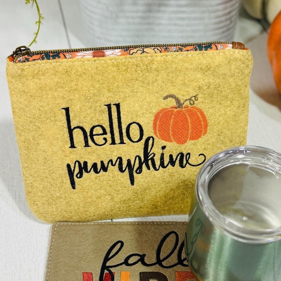 Hello Pumpkin Wool Felt Pouch | 8x6 Embroidered Bag with Floral Zipper | Autumn Cosmetic Bag | Fall Gift Idea