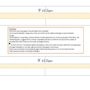 May include: Two printable sewing templates for a 9-inch #3 and #5 zipper. The templates are on a white background with a yellow rectangle in the center of each. The instructions for using the templates are included in a box on the right side of the image.