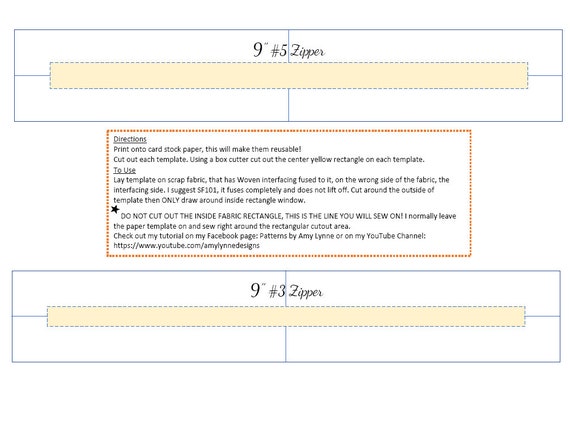 6 Templates Zip Sizes 7", 8", 9" for #3 and #5 Zip PDF, Digital File PDF, Downloadable Pattern To Sew