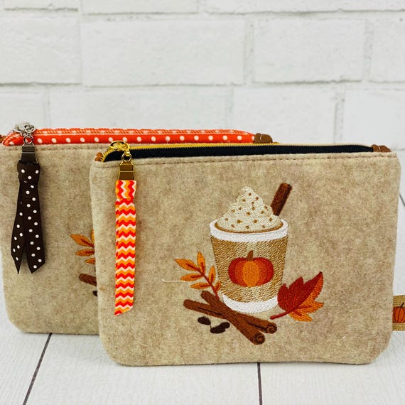 Wool Felt Coin Purse Embroidered with Pumpkin Latte