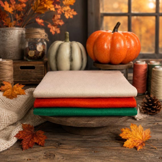Fall Wool Felt Bundle – 1/2 Yard Cuts in Cream, Orange, Green – Harvest Fabric for Sewing, Autumn Crafts, Pumpkin Season Décor