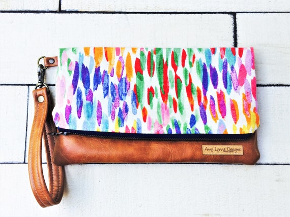 Fold Over Wristlet Clutch with Vegan Leather, Painterly Watercolor Home Decor Fabric Wristlet Clutch w/Removable Strap, Bridesmaid Gift