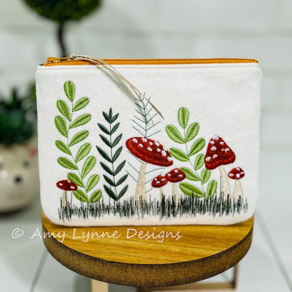 Wool Felt Coin Purse Embroidered Mushroom Design