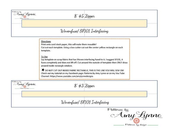 Template for 8" Zippers, #3 Zips and #5 Zips PDF, Digital File PDF, Downloadable Pattern To Sew