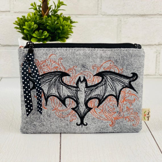 Wool Felt Coin Purse Embroidered Bat and Scroll Design