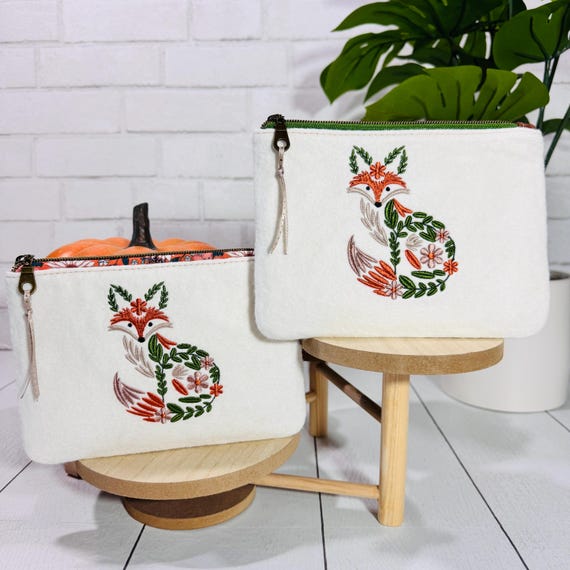 Floral Fox Embroidered Pouch – White Wool Felt Zipper Bag