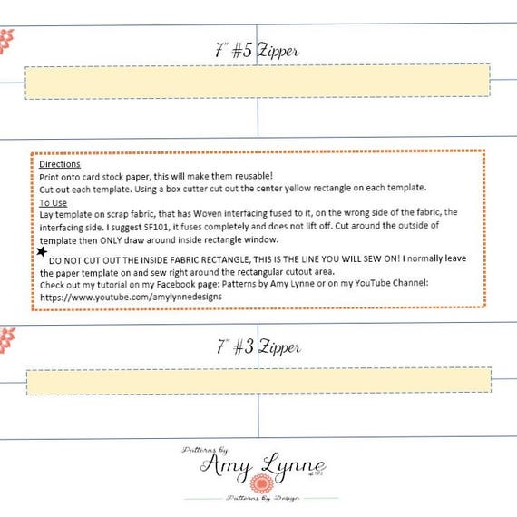 Template for 7" Zippers, #3 Zips and #5 Zips PDF, Digital File PDF, Downloadable Pattern To Sew