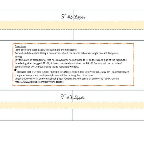 Template for 9" Zippers, #3 Zips and #5 Zips PDF, Digital File PDF, Downloadable Pattern To Sew