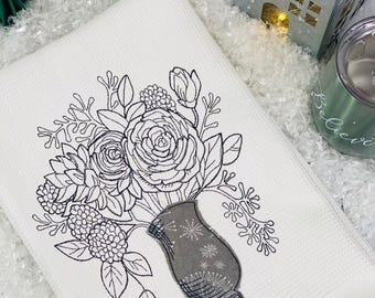 Winter Floral Applique Bouquet Kitchen Towel