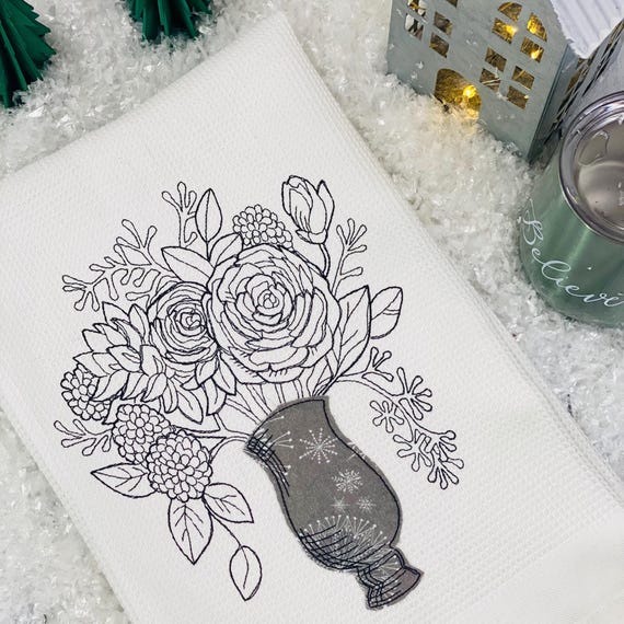 Winter Floral Applique Bouquet Kitchen Towel