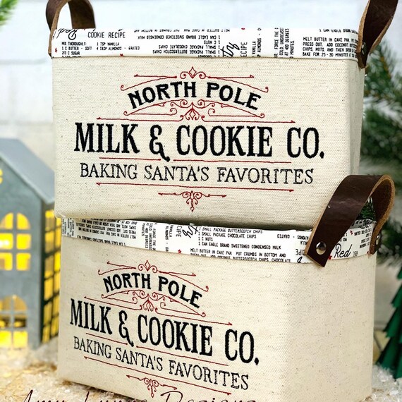 Santas Cookies Embroidered Canvas Fabric Catch-All Basket, Mail Basket, Candy Basket