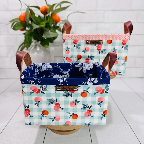 Peach Gingham Fabric Storage Basket