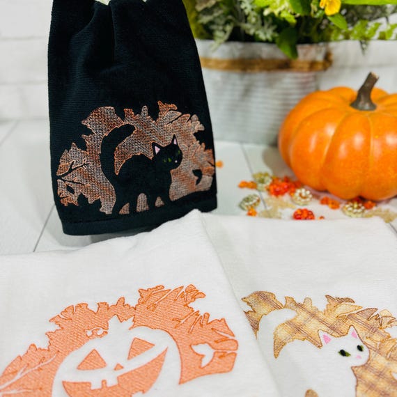 Embroidered Fall Hand Towels – Pumpkin & Cat Designs