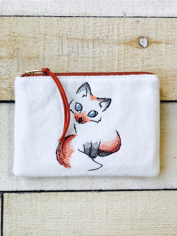 Coin Purse, Change Purse, Embroidered Fox Zippered Wallet, Zippered Wallet, Embroidered Wool Wallet, Wool Wallet