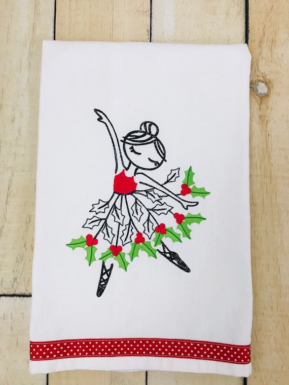 Winter Ballerina Flour Sack Towel, Embroidered Kitchen Towel, Embroidered Flour Sack Towel, Flour Sack Towel