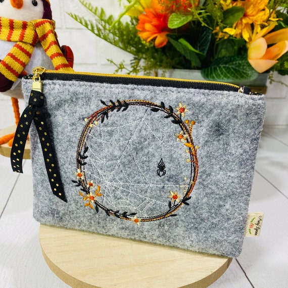 Wool Felt Coin Purse Embroidered with Fall Design, Change Purse Embroidered with Sweet Fall Spiderweb, Mini Wallet, Credit Card Pouch,
