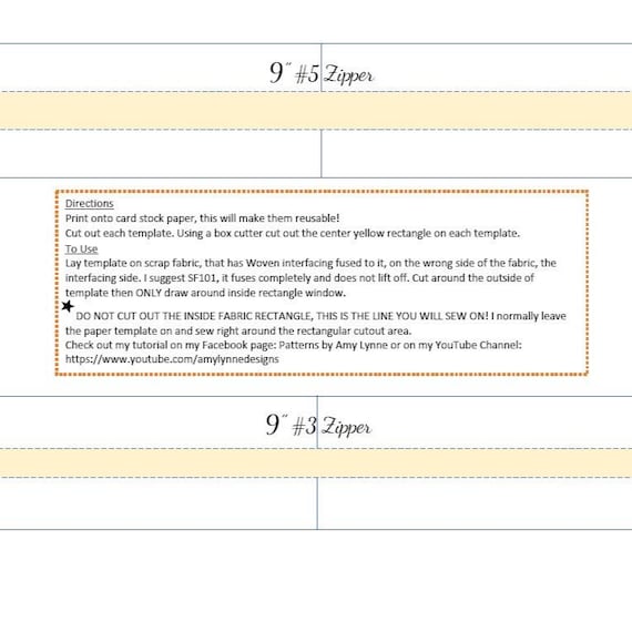 6 Templates Zip Sizes 7", 8", 9" for #3 and #5 Zip PDF, Digital File PDF, Downloadable Pattern To Sew