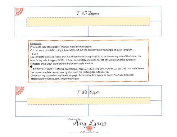 Template for 7" Zippers, #3 Zips and #5 Zips PDF, Digital File PDF, Downloadable Pattern To Sew