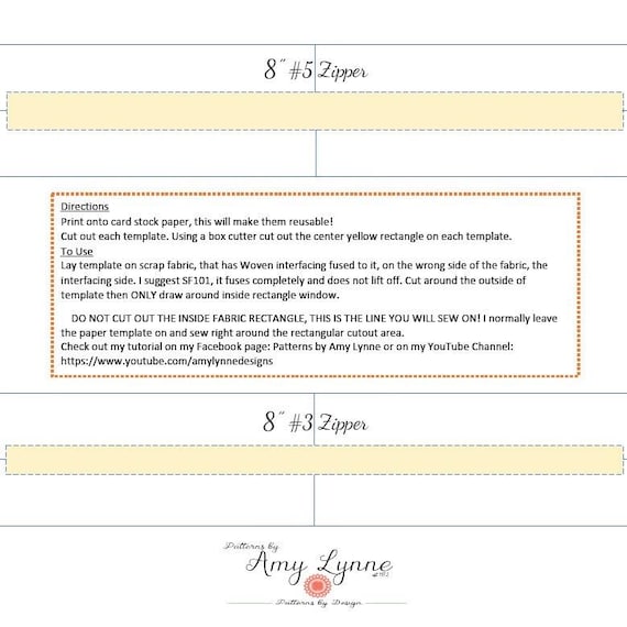 Template for 8" Zippers, #3 Zips and #5 Zips PDF, Digital File PDF, Downloadable Pattern To Sew