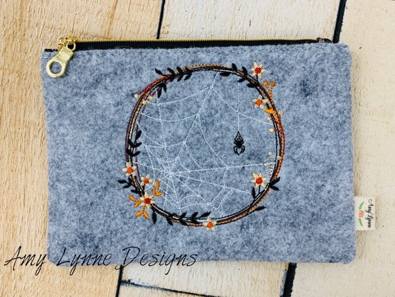 Wool Felt Coin Purse Embroidered with Fall Design, Change Purse Embroidered with Sweet Fall Spiderweb, Mini Wallet, Credit Card Pouch,