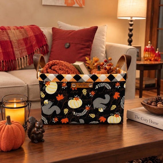 Squirrels & Pumpkins Basket – Fall Fabric Storage Bin, Autumn Home Organizer, Plaid Basket, Rustic Farmhouse Décor