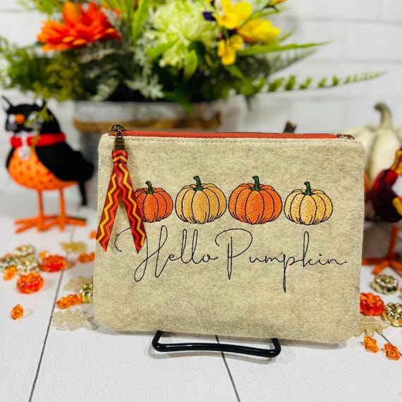 Wool Felt Coin Purse Embroidered "Hello Pumpkin"