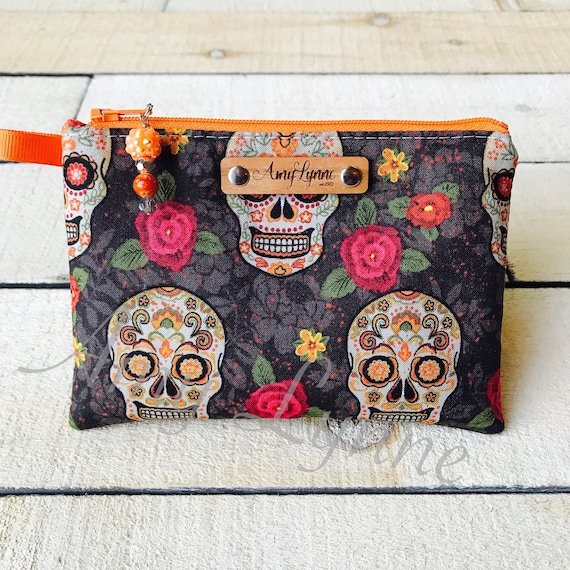 Coin Purse, Change Purse, Mini Wallet, Credit Card Pouch, Day of the Dead Skull Fabric