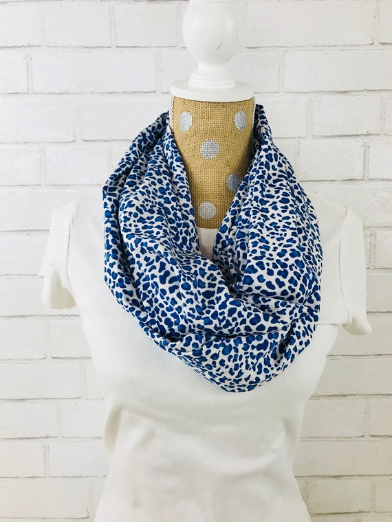 Blue and White Animal-Look Print Midweight Chiffon Infinity Scarf, Perfect Fall Scarf