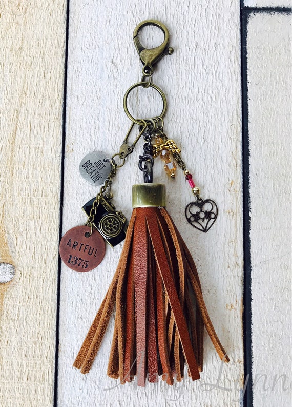 Camera and Leather Tassel Bag Charm, Camera Bag Charm, Christmas Gift, Leather Tassel Bag Charm, Keychain, Inspirational Bag Charm