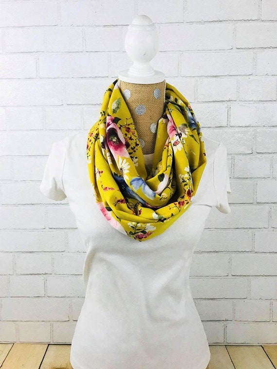 Yellow Floral Print Midweight Crepe Infinity Scarf, Fall Scarf READY TO SHIP