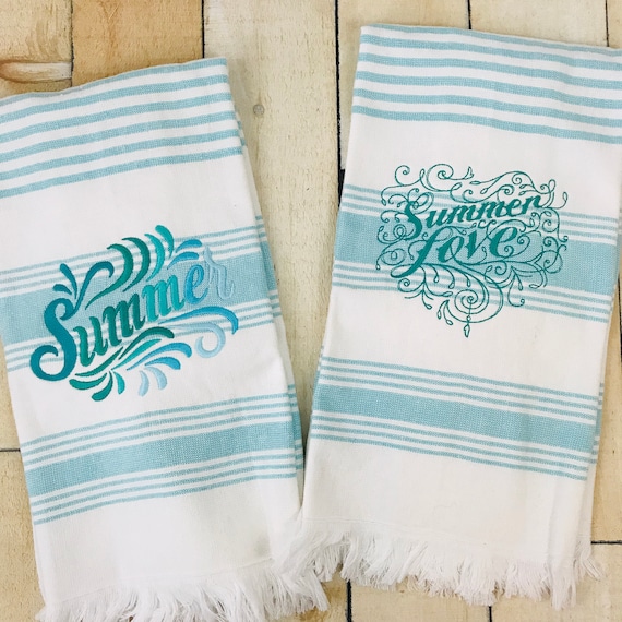 Summer Terry Cloth Aqua and White Striped Kitchen Towel, Embroidered Kitchen Towel, Embroidered Summer Love Kitchen Towel, Powder Room Towel