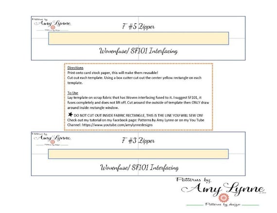 Template for 7" Zippers, #3 Zips and #5 Zips PDF, Digital File PDF, Downloadable Pattern To Sew